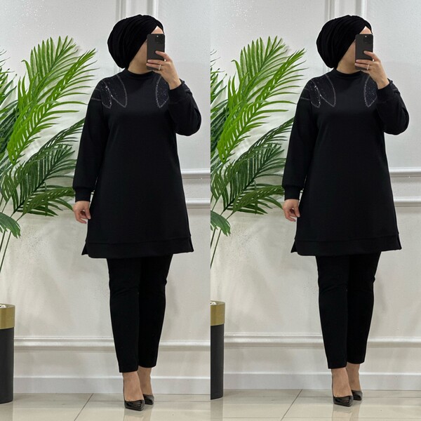 24604 K 90 SİYAH NİRVANA OMUZ TAŞLI TUNİK - Thumbnail