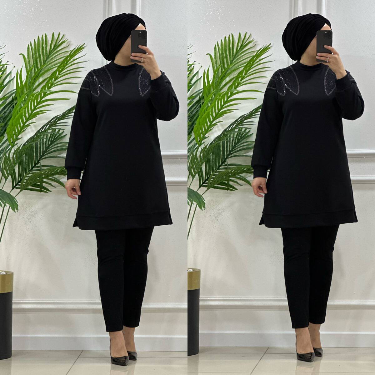 24604 K 90 SİYAH NİRVANA OMUZ TAŞLI TUNİK