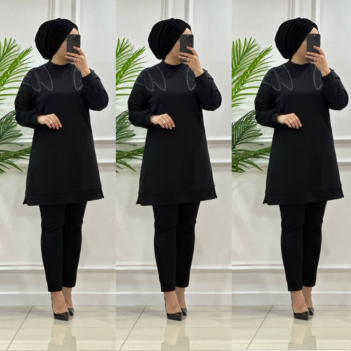 24604 K 90 SİYAH NİRVANA OMUZ TAŞLI TUNİK