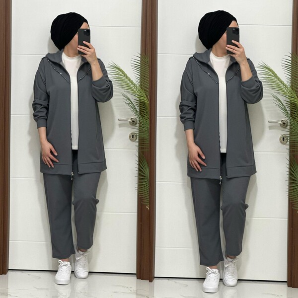 7146 K120 GRİ YAKA TAŞLI FERMUARLI İKİLİ TAKIM - Thumbnail