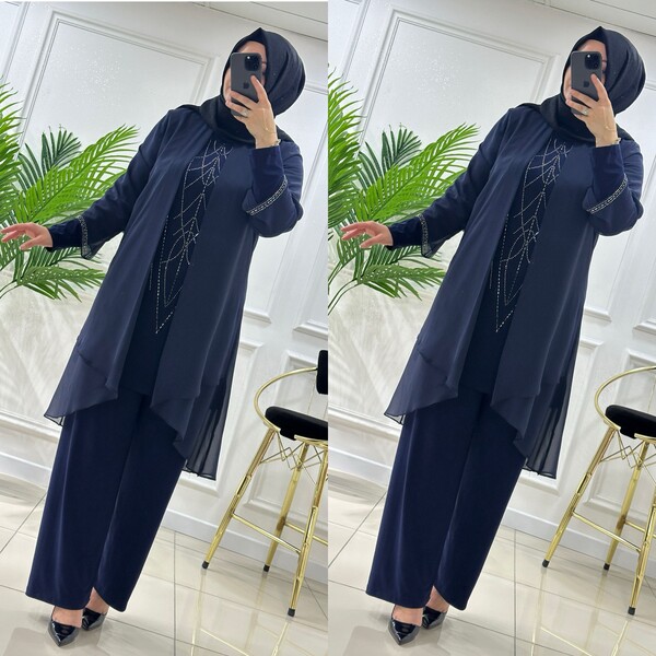 MASAL ABİYEM - 4520 K00 LACİVERT ŞİFON TAŞLI ABİYE TAKIM