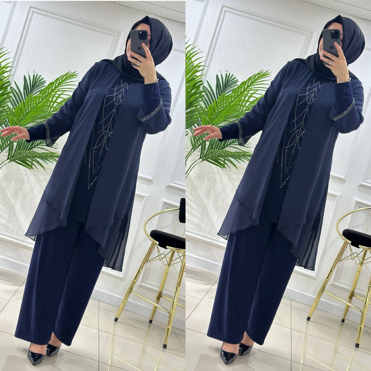 4520 K00 LACİVERT ŞİFON TAŞLI ABİYE TAKIM