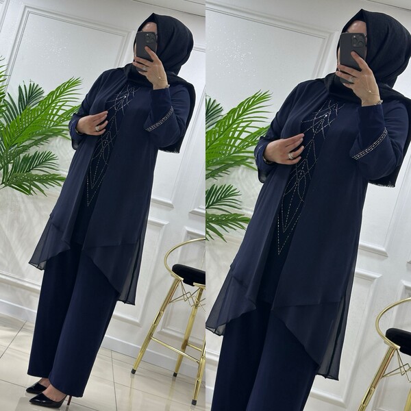 4520 K00 LACİVERT ŞİFON TAŞLI ABİYE TAKIM - Thumbnail