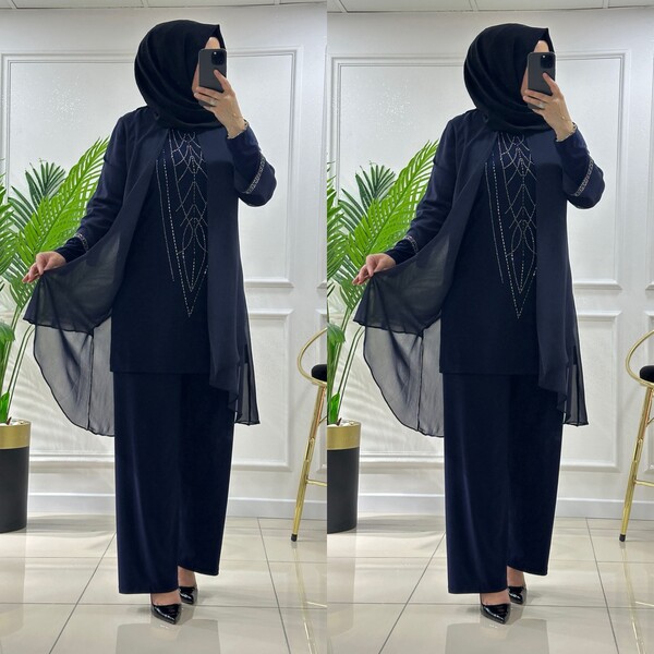 4520 K00 LACİVERT ŞİFON TAŞLI ABİYE TAKIM - Thumbnail