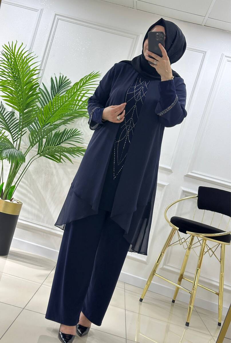 4520 K00 LACİVERT ŞİFON TAŞLI ABİYE TAKIM