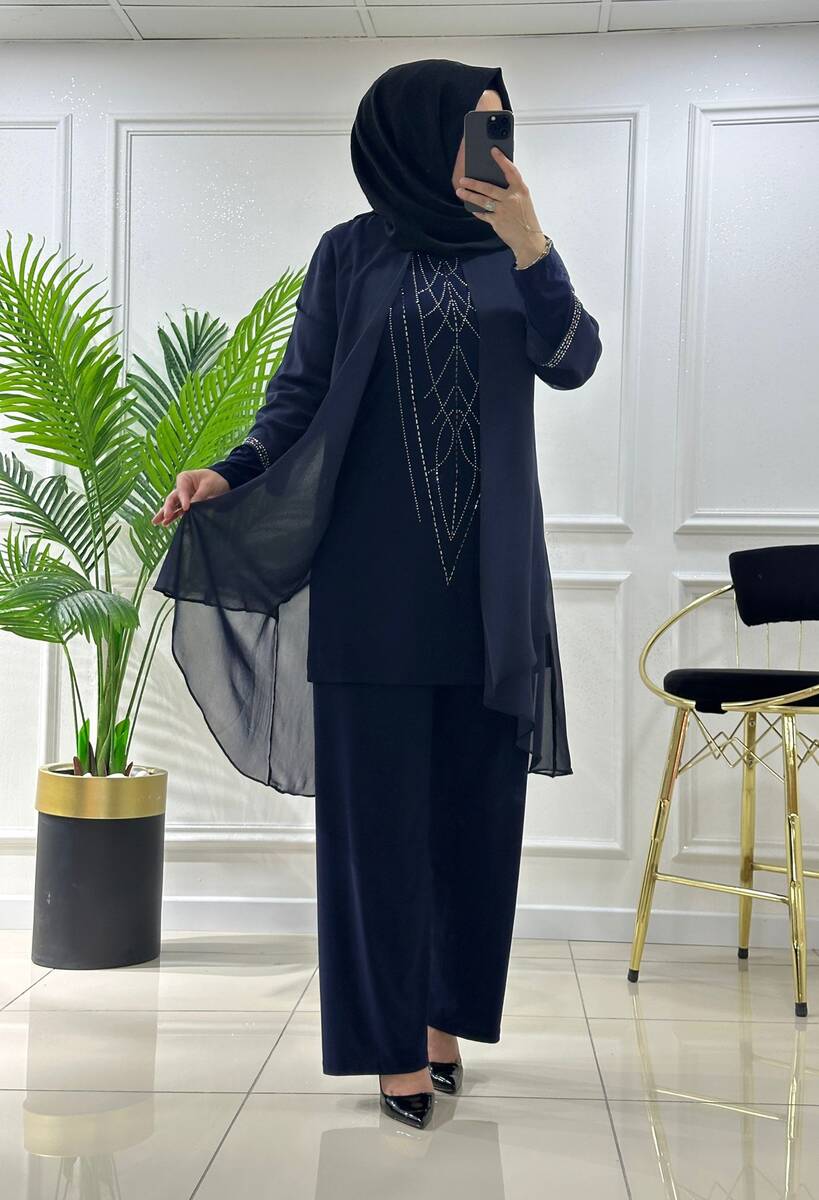 4520 K00 LACİVERT ŞİFON TAŞLI ABİYE TAKIM