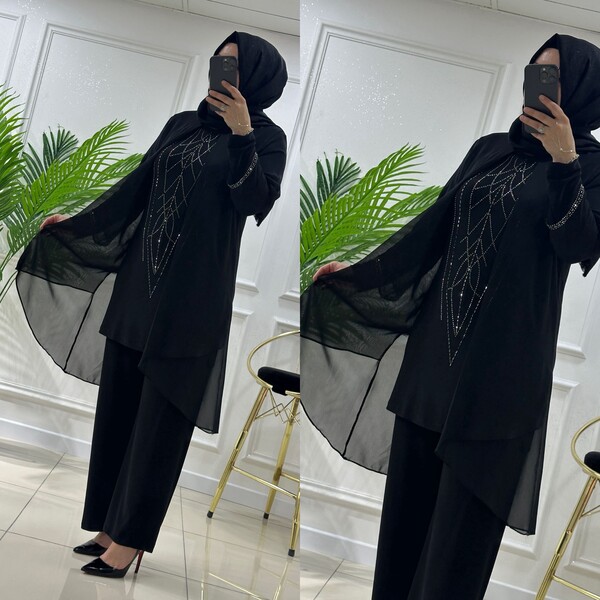 MASAL ABİYEM - 4520 K200 SİYAH ŞİFON TAŞLI ABİYE TAKIM