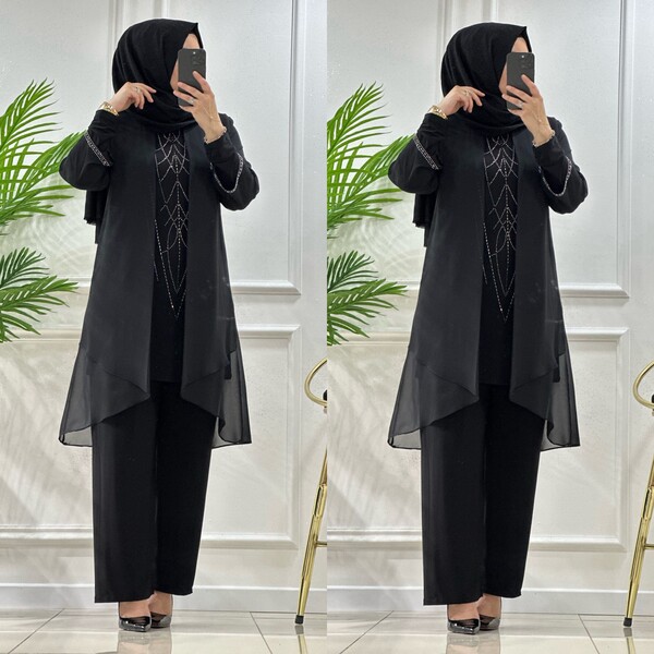 4520 K200 SİYAH ŞİFON TAŞLI ABİYE TAKIM - Thumbnail