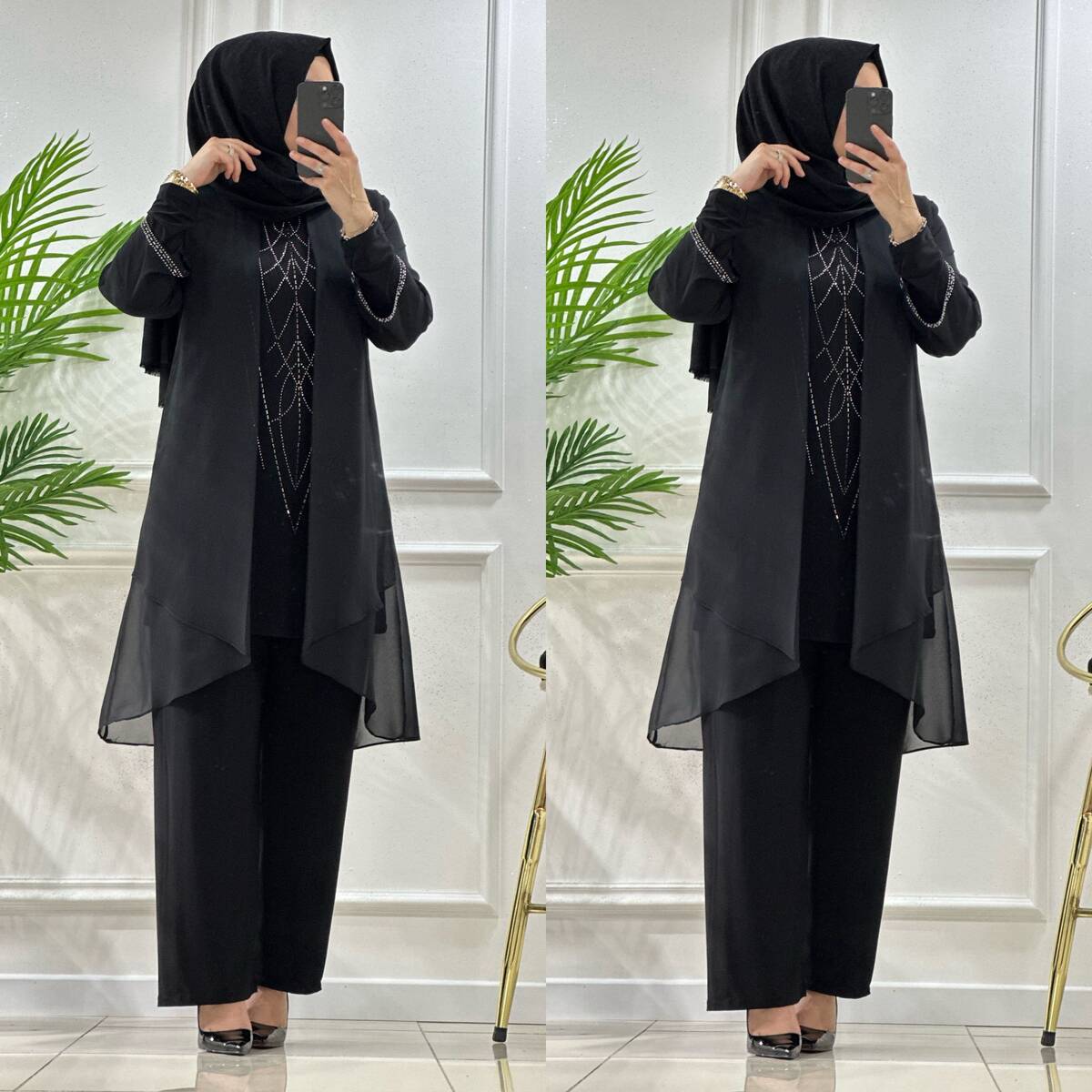 4520 K200 SİYAH ŞİFON TAŞLI ABİYE TAKIM