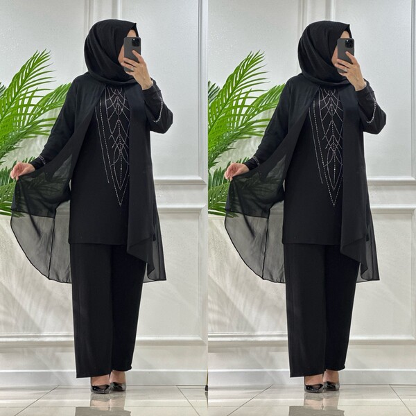 4520 K200 SİYAH ŞİFON TAŞLI ABİYE TAKIM - Thumbnail