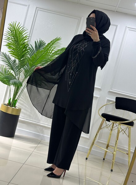 4520 K200 SİYAH ŞİFON TAŞLI ABİYE TAKIM - Thumbnail