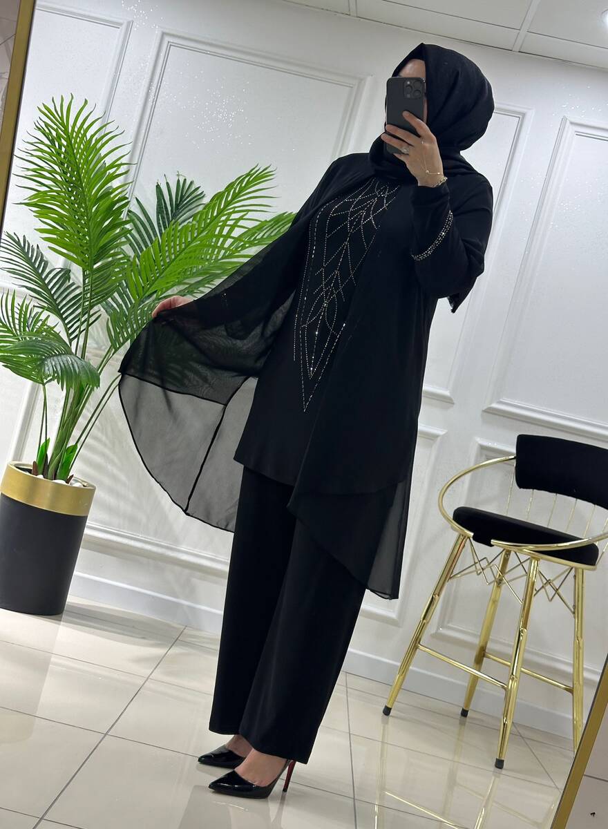 4520 K200 SİYAH ŞİFON TAŞLI ABİYE TAKIM