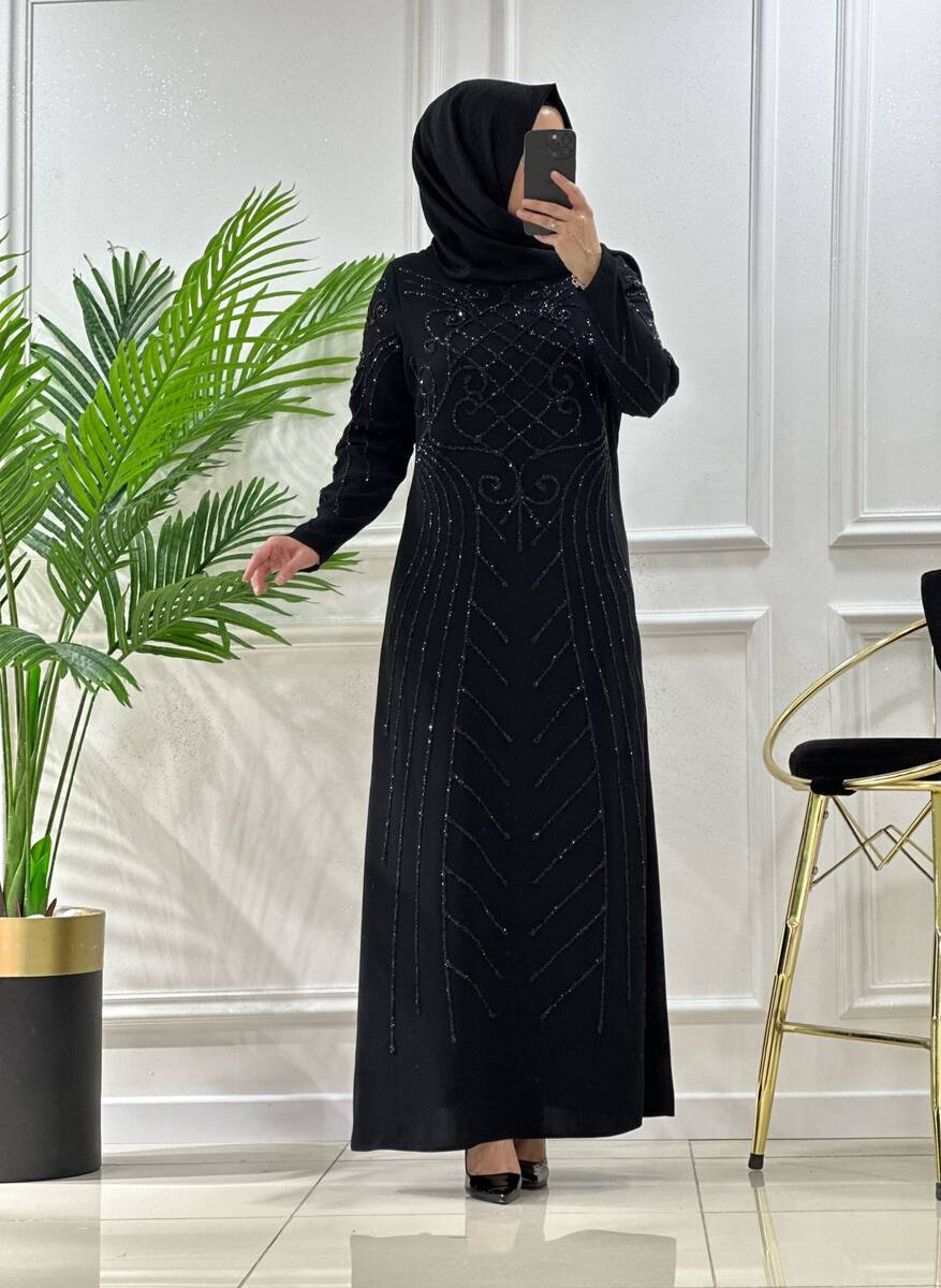 7224 K300 SİYAH NİHAL TÜM TAŞ ELBİSE 