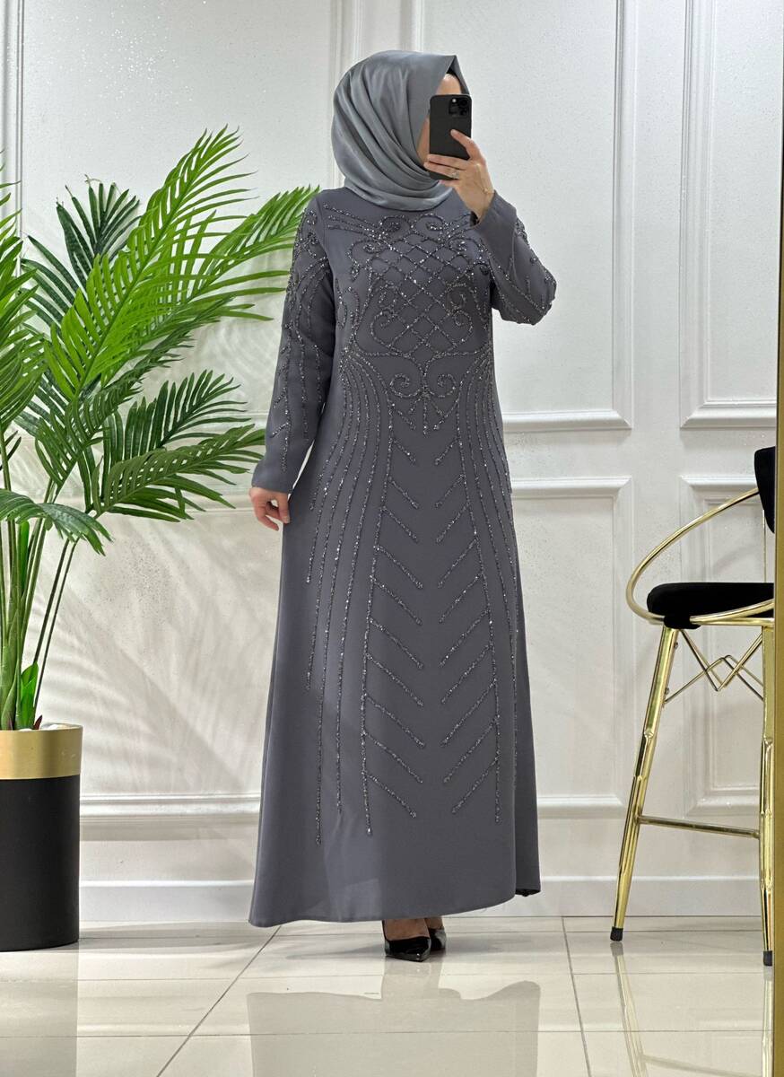 7224 K300 GRİ NİHAL TÜM TAŞ ELBİSE 