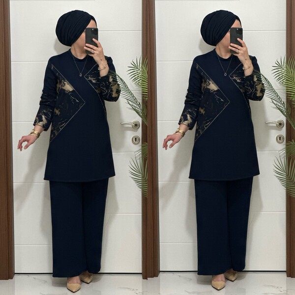 MASAL ABİYEM - 7401 K 150 LACİVERT BASKILI TAŞLI TAKIM