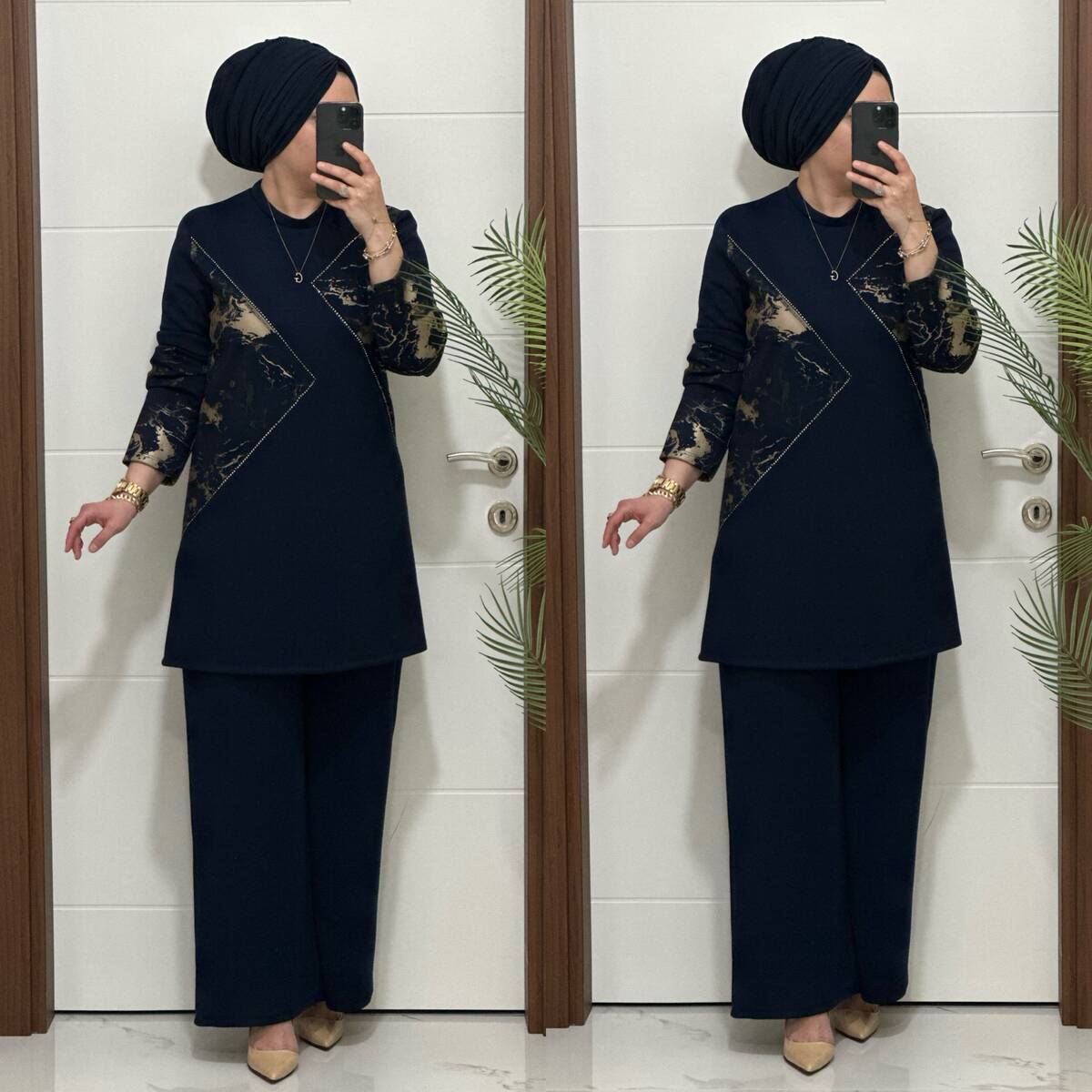 7401 K 150 LACİVERT BASKILI TAŞLI TAKIM