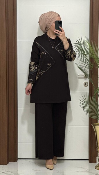 MASAL ABİYEM - 7401 K 150 KAHVE GOLD BASKILI TAŞLI TAKIM