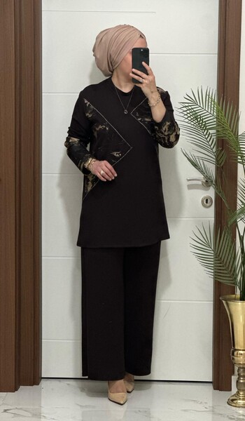 7401 K 150 KAHVE GOLD BASKILI TAŞLI TAKIM - Thumbnail