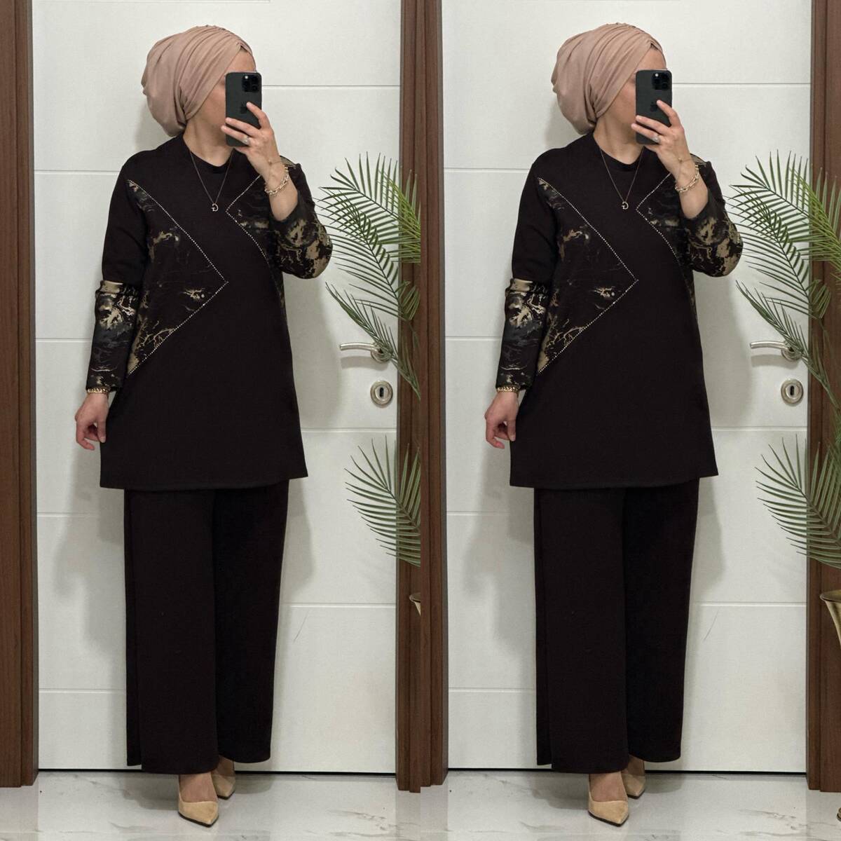 7401 K 150 KAHVE GOLD BASKILI TAŞLI TAKIM