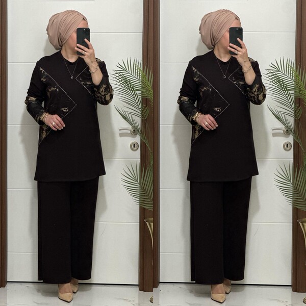 7401 K 150 KAHVE GOLD BASKILI TAŞLI TAKIM - Thumbnail