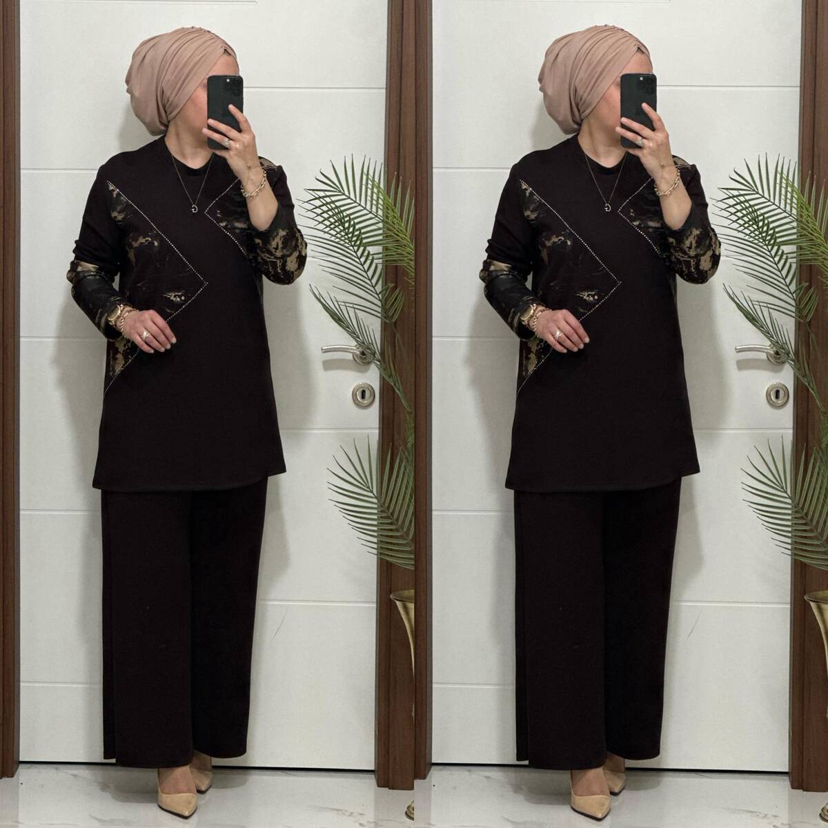 7401 K 150 KAHVE GOLD BASKILI TAŞLI TAKIM