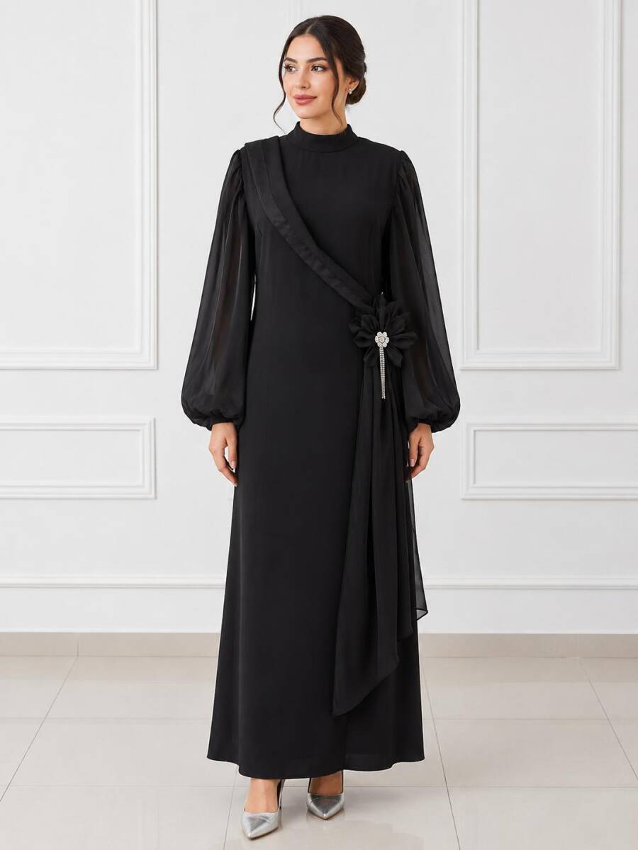 003 K400 SİYAH ORGANZE KREP ÇİÇEK BROŞLU ABİYE - 1