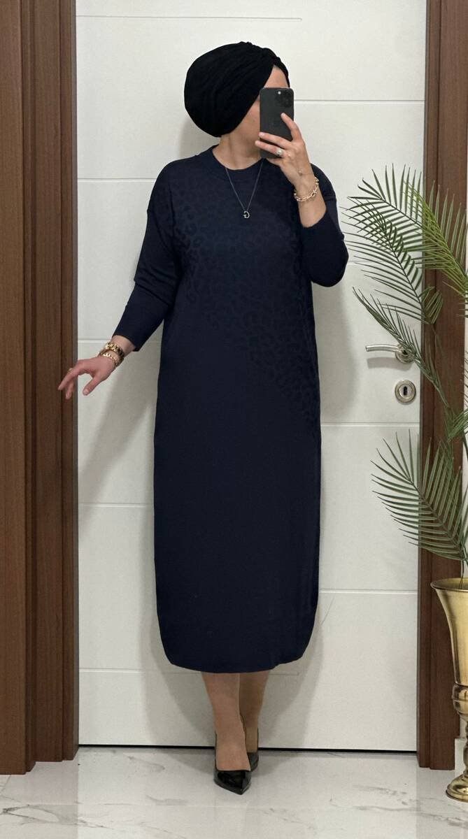 8888 K 120 LACİVERT LEOPAR DESEN ELBİSE 