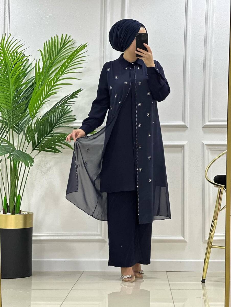 8989 K 90 LACİVERT ŞİFON TAŞLI TAKIM