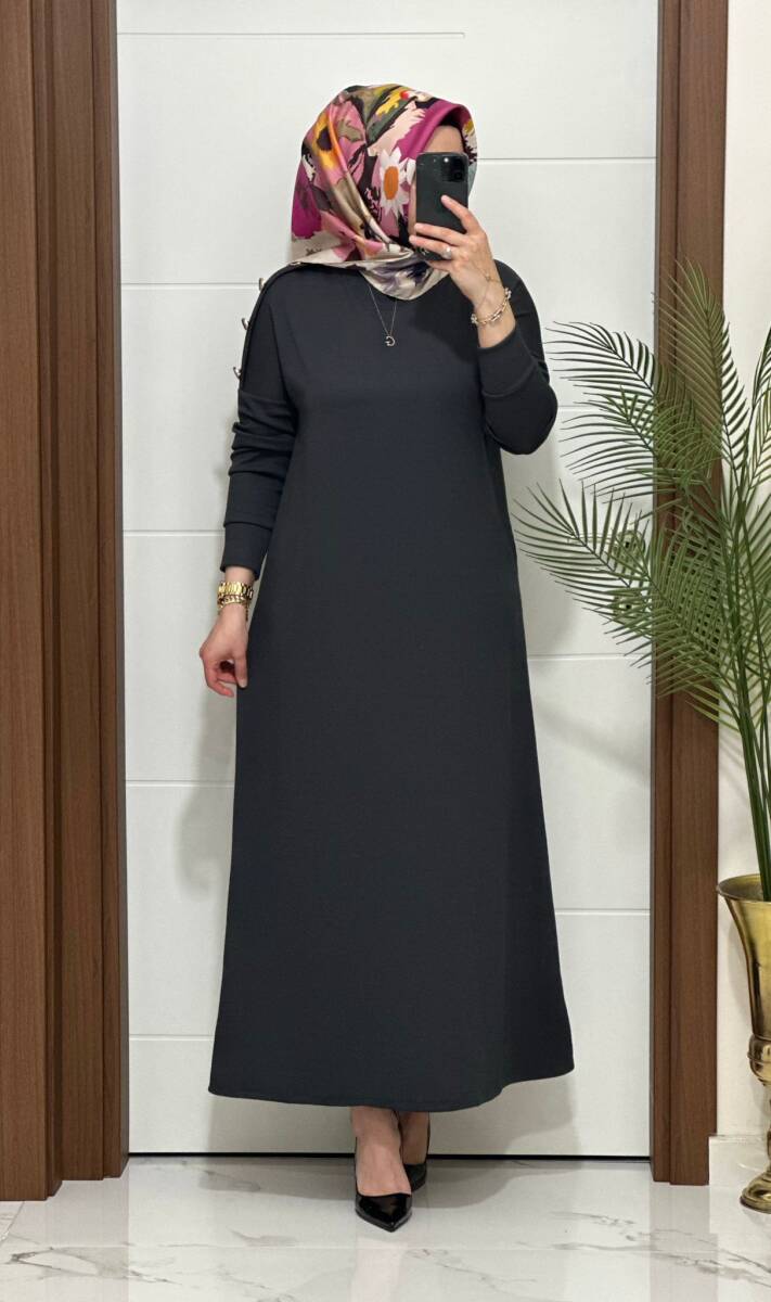F11 K 100 ANTRASİT OMUZ DÜĞMELİ LEYLA ELBİSE - 1