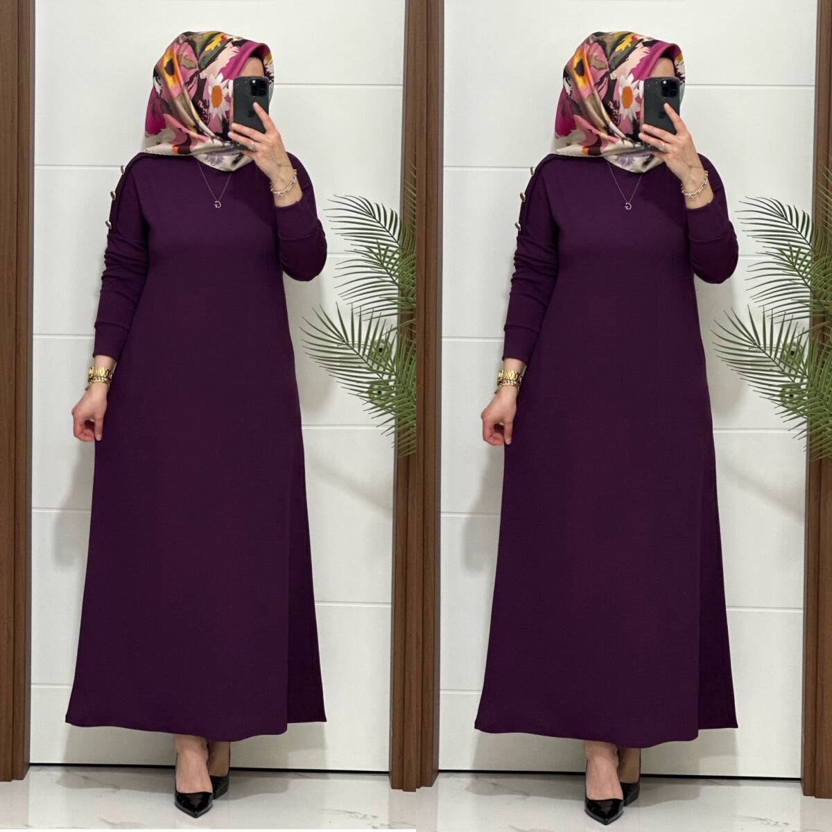 F11 K 100 MOR OMUZ DÜĞMELİ LEYLA ELBİSE - 1