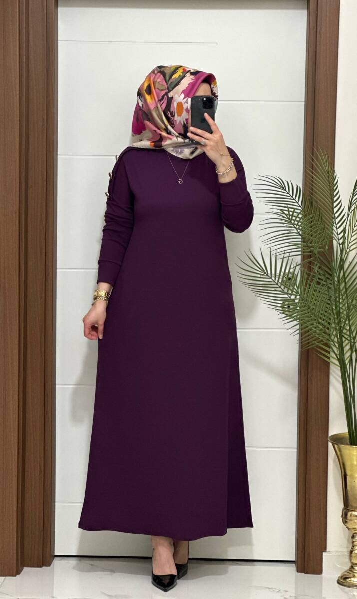 F11 K 100 MOR OMUZ DÜĞMELİ LEYLA ELBİSE - 5