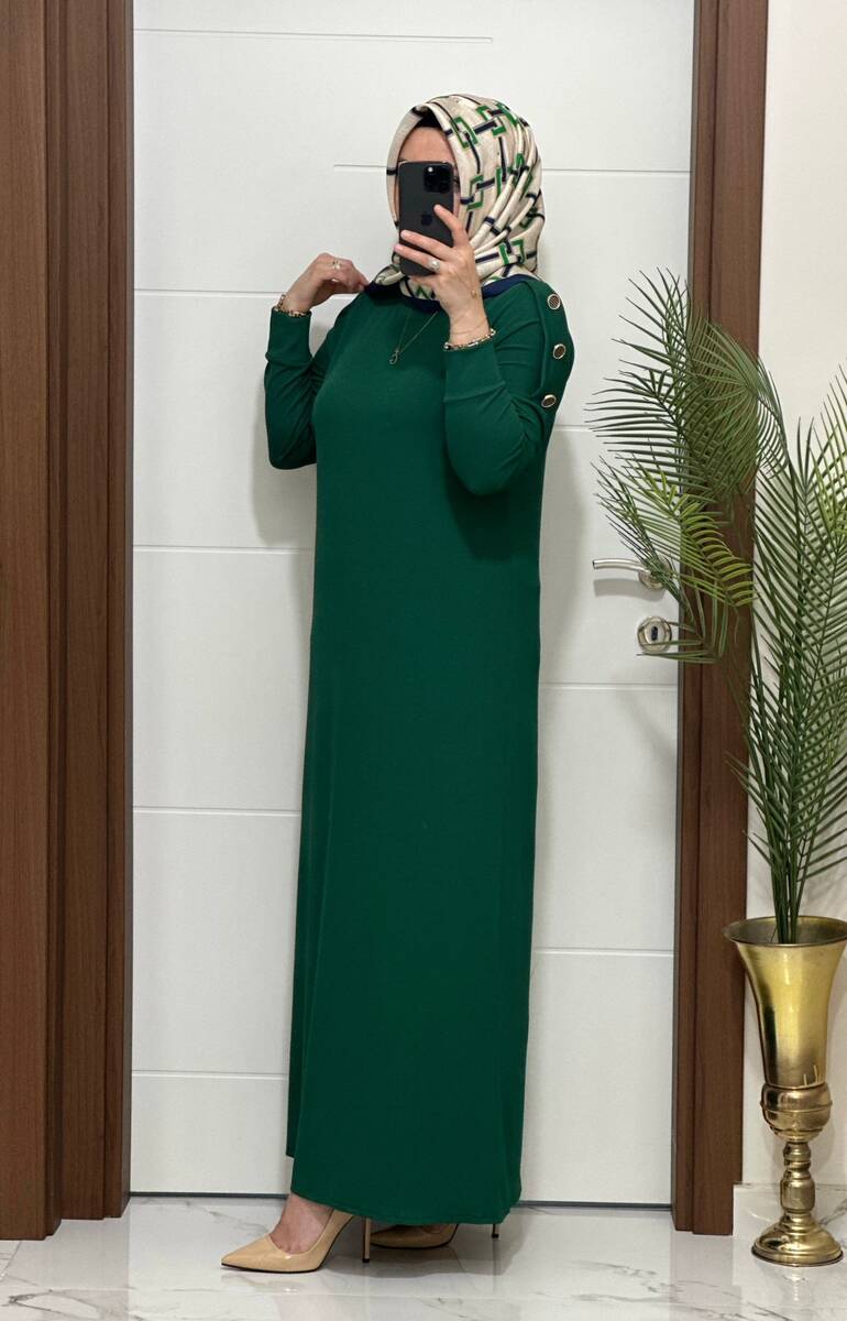 F11 K 80 ZÜMRÜT YEŞİLİ, OMUZ DÜĞMELİ LEYLA ELBİSE