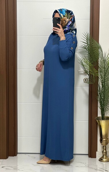 F11 K 80 İNDİGO OMUZ DÜĞMELİ LEYLA ELBİSE - Thumbnail