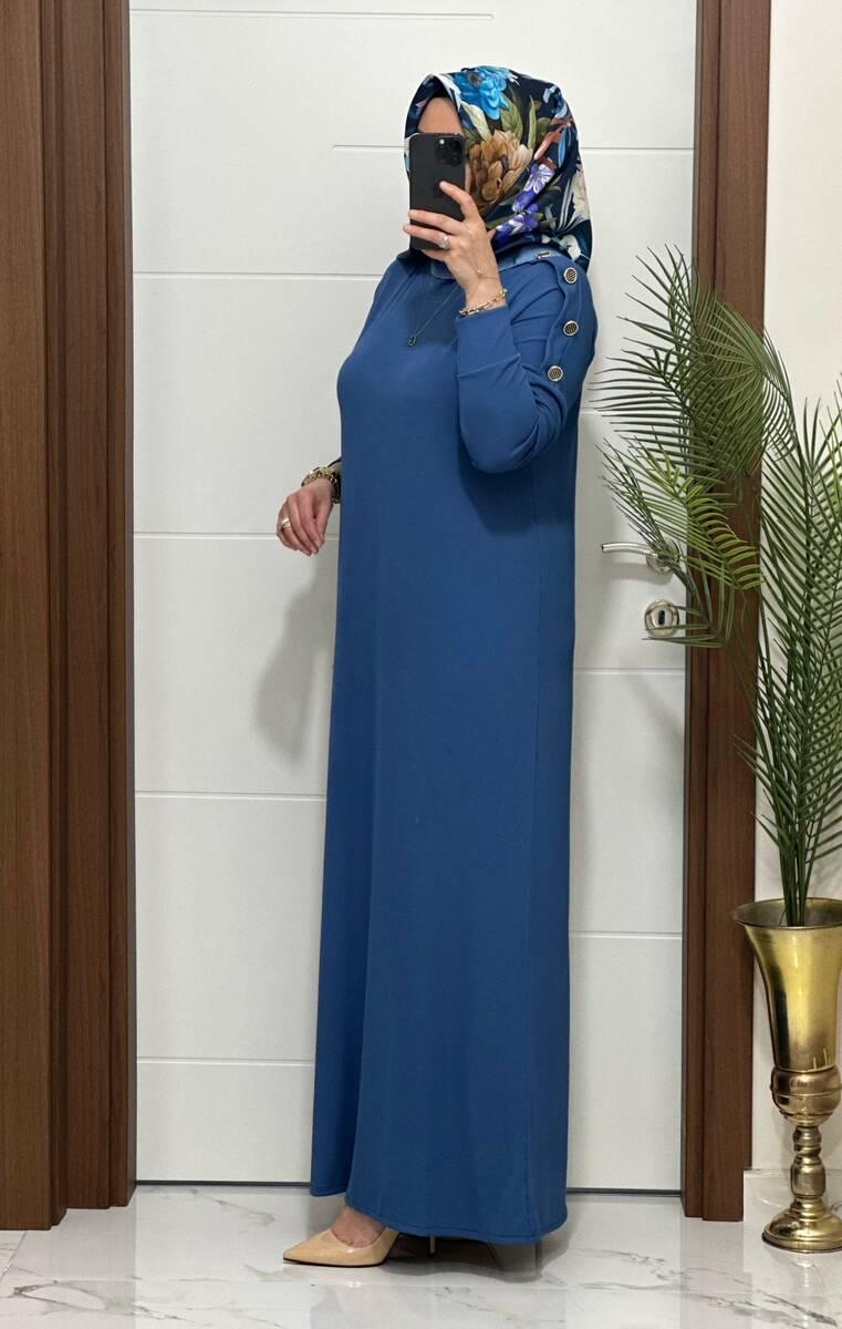 F11 K 80 İNDİGO OMUZ DÜĞMELİ LEYLA ELBİSE