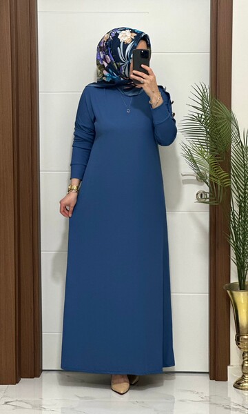MASAL ABİYEM - F11 K 80 İNDİGO OMUZ DÜĞMELİ LEYLA ELBİSE