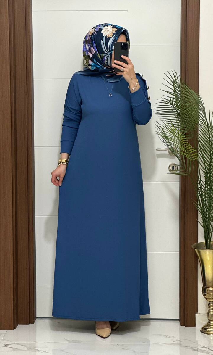 F11 K 80 İNDİGO OMUZ DÜĞMELİ LEYLA ELBİSE