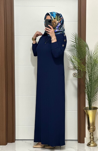 F11 K 80 LACİVERT OMUZ DÜĞMELİ LEYLA ELBİSE - Thumbnail