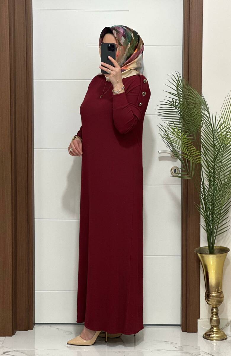 F11 K 80 BORDO OMUZ DÜĞMELİ LEYLA ELBİSE
