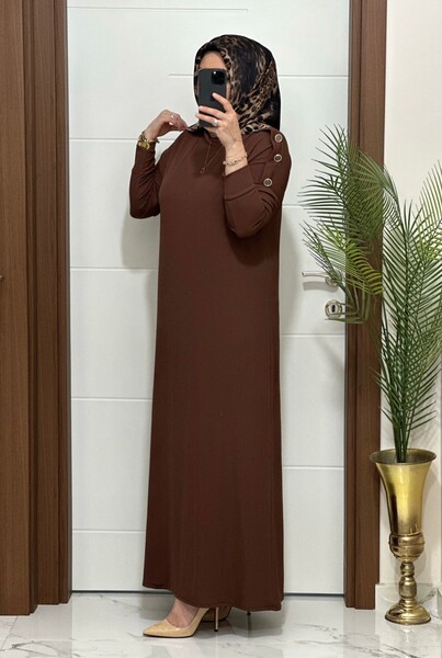 F11 K 80 KAHVE OMUZ DÜĞMELİ LEYLA ELBİSE - Thumbnail